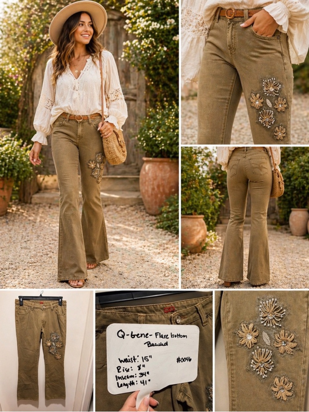 QG Q-Gene Womens Flared‎ Embroidered Jeans Olive Tan Floral Sequin Boho 5-Pocket